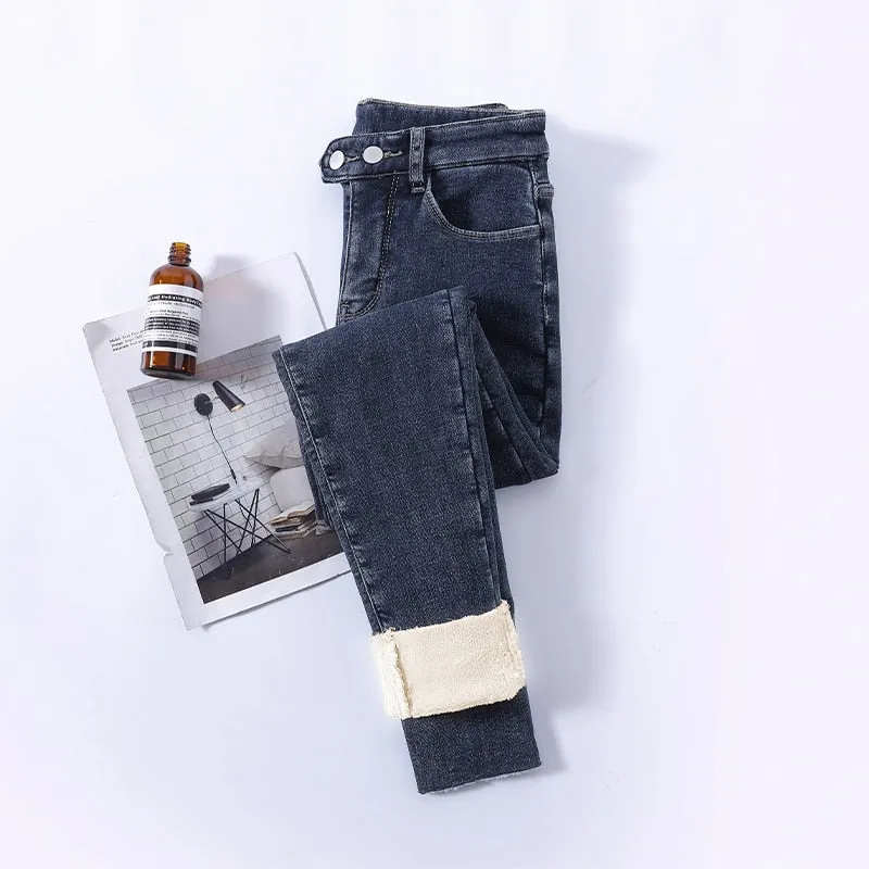 Winter Thick Velvet Women High Waist Skinny Jeans Simple Fleece Warm Slim Fit Stretch Denim Pencil Pants
