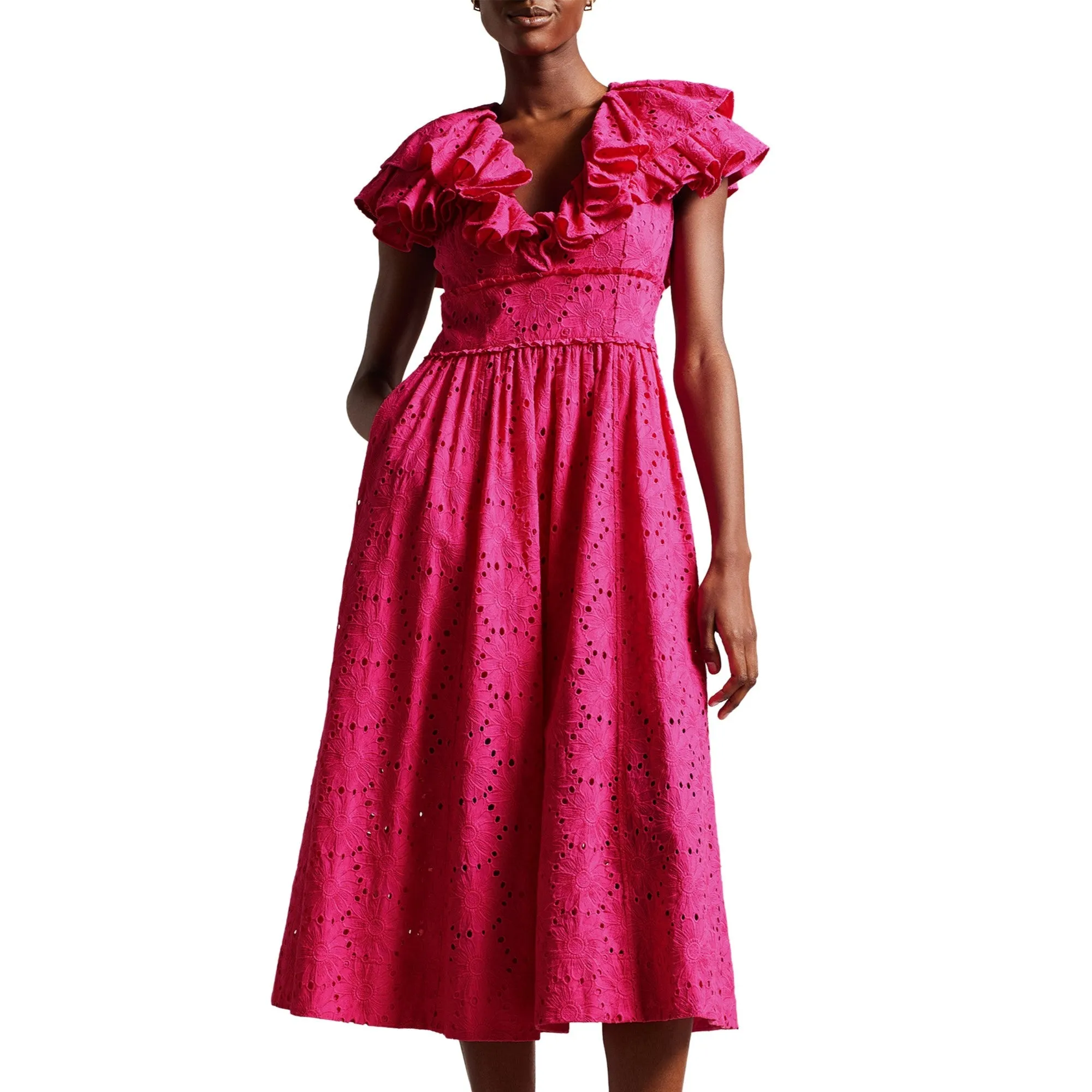 Women Wmd-Mirza-Ruffle V Neck Midi Sundress - Brt-Pink