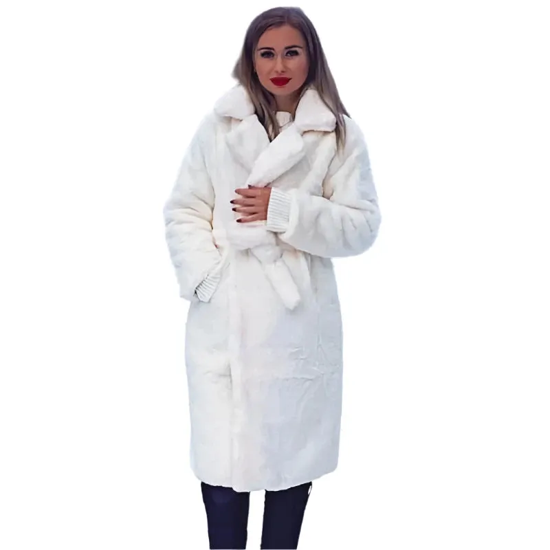Women's Winter Faux Rabbit Fur Coat – Luxury Long Plush Overcoat, Thick Warm Lapel Jacket, Loose Fit Plus Size
