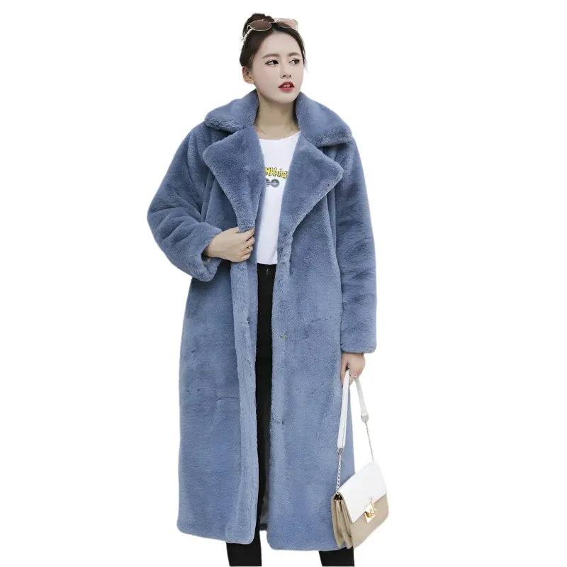 Women's Winter Faux Rabbit Fur Coat – Luxury Long Plush Overcoat, Thick Warm Lapel Jacket, Loose Fit Plus Size