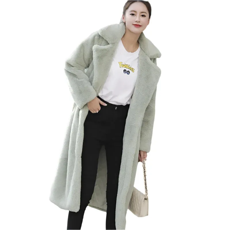 Women's Winter Faux Rabbit Fur Coat – Luxury Long Plush Overcoat, Thick Warm Lapel Jacket, Loose Fit Plus Size