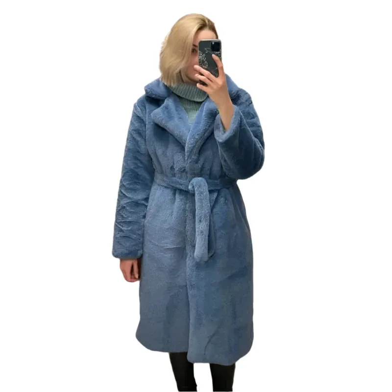 Women's Winter Faux Rabbit Fur Coat – Luxury Long Plush Overcoat, Thick Warm Lapel Jacket, Loose Fit Plus Size