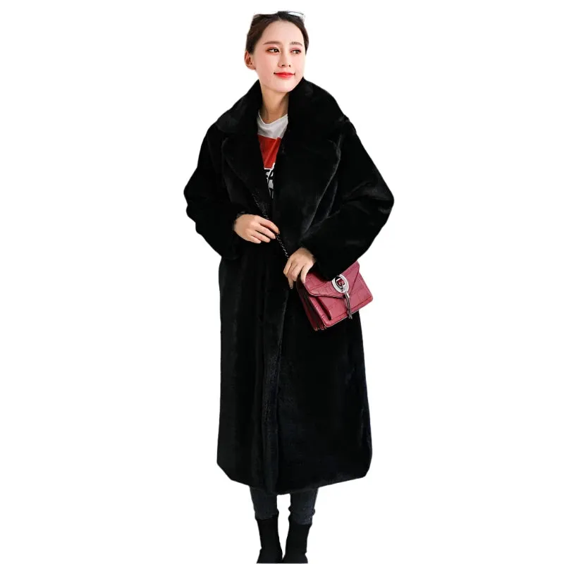 Women's Winter Faux Rabbit Fur Coat – Luxury Long Plush Overcoat, Thick Warm Lapel Jacket, Loose Fit Plus Size