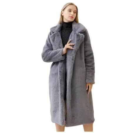 Women's Winter Faux Rabbit Fur Coat – Luxury Long Plush Overcoat, Thick Warm Lapel Jacket, Loose Fit Plus Size