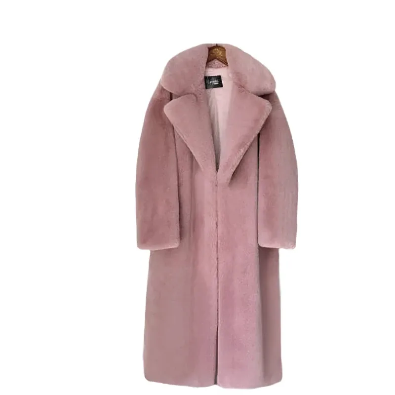 Women's Winter Faux Rabbit Fur Coat – Luxury Long Plush Overcoat, Thick Warm Lapel Jacket, Loose Fit Plus Size