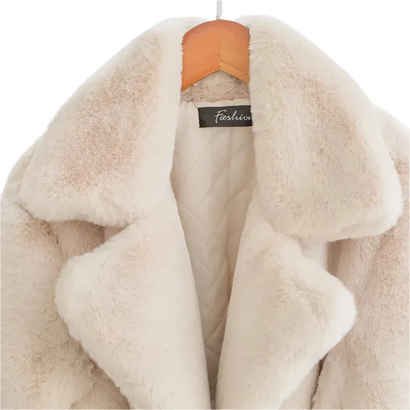 Women's Winter Faux Rabbit Fur Coat – Luxury Long Plush Overcoat, Thick Warm Lapel Jacket, Loose Fit Plus Size