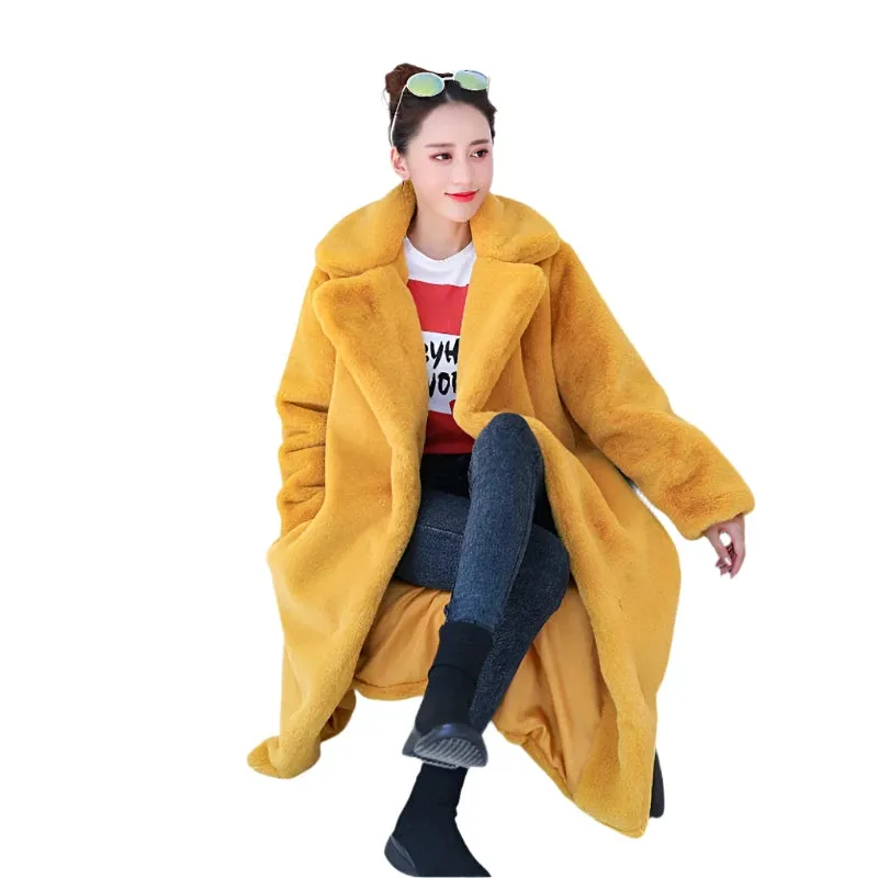 Women's Winter Faux Rabbit Fur Coat – Luxury Long Plush Overcoat, Thick Warm Lapel Jacket, Loose Fit Plus Size