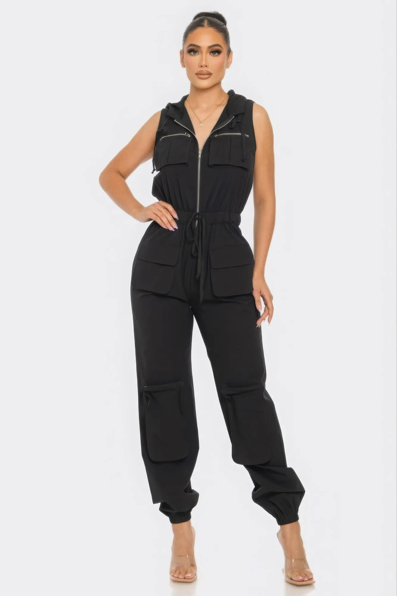 Zip-up Sleeveless Hooded Cargo Jumpsuit